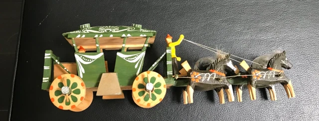 Dala Style Carved Painted Wood Horses & Carriage Coach Green Gold Embossed Mark