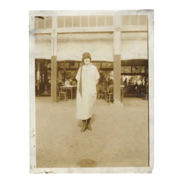 Vintage Snapshot Photo 1920s Flapper Woman Cloche Hat Standing Outside Cafe