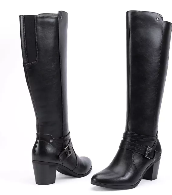 EETTARO Women's Block Mid Heel Boots Knee High Pointed Toe Buckle Boot Size 11