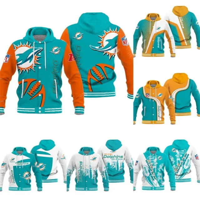 Miami Dolphins Hooded Varsity Jacket Casual Button Letterman Coat Outwear Gifts