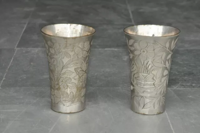 2 Pc Vintage Brass Solid Nickel Handcrafted Fine Inlay Engraved Lassi Glasses