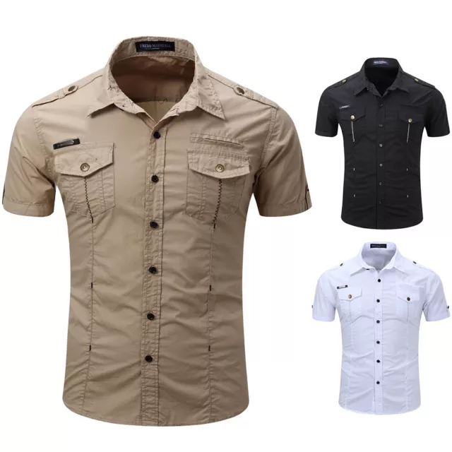 FASHION MENS MILITARY Shirt Classic Double pocket Casual Epaulet Shirt ...