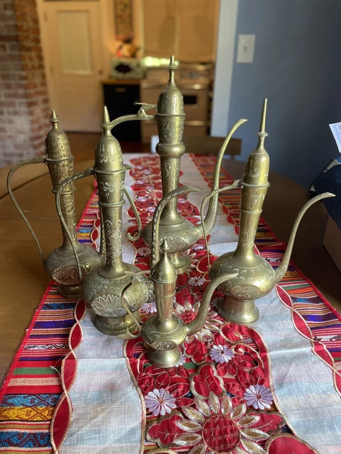 LOT OF 5- Vintage Ornate Etched Solid Brass Teapot Genie Lamp made In India