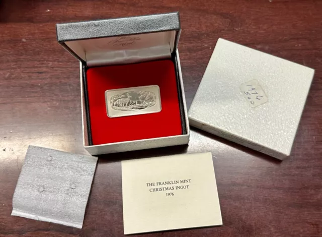 1976 Franklin Mint 500 grains SOLID STERLING SILVER PROOF INGOT 1.2 oz w/BOX COA