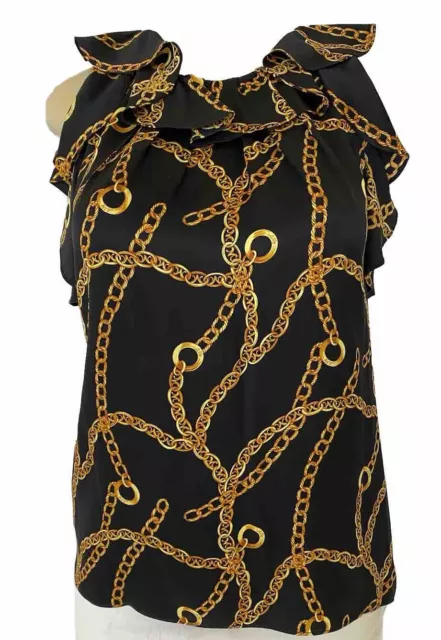 Milly Silk Top Blouse Sleeveless Ruffle Black Chain Print Keyhole Side Zip 8