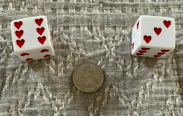 1 Pair of Heart Dice White Cubes Red Hearts 7/8 Square Inch Size EUC
