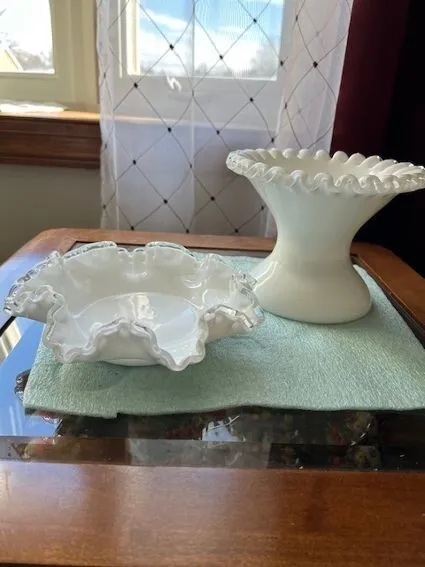 2 Fenton Silver Crest Milk Glass Dish an Ruffled Edge Bowl