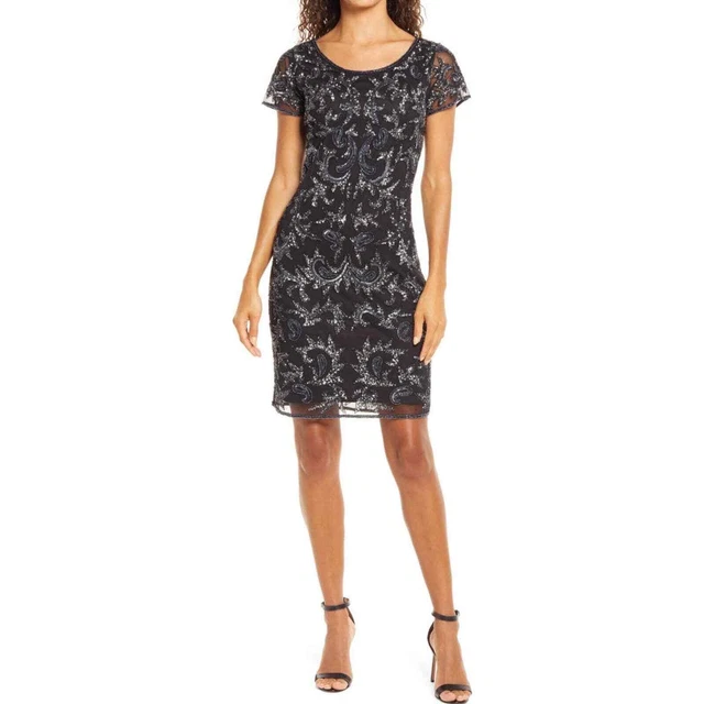 NWOT Pisarro Nights Beaded Mesh Cocktail Dress Navy Size 14