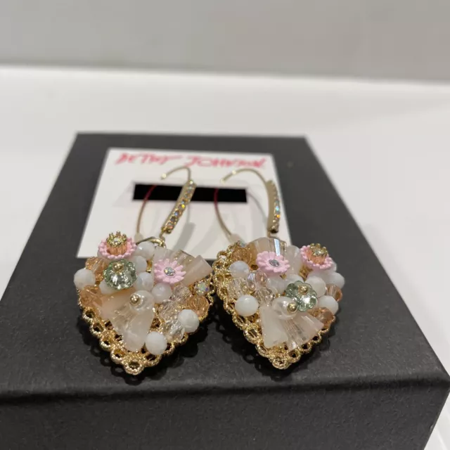 Betsey Johnson Gold Tone Drop Earrings Pink Floral Faux Pearl Blue Crystal Hook