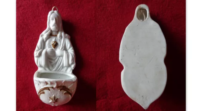 Ancien Benitier Mural Christ Porcelaine Biscuit