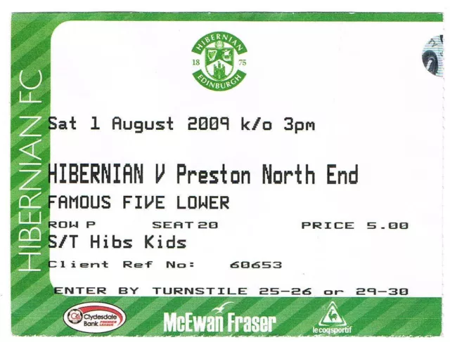 Ticket - Hibernian v Preston North End 01.08.2009 Friendly