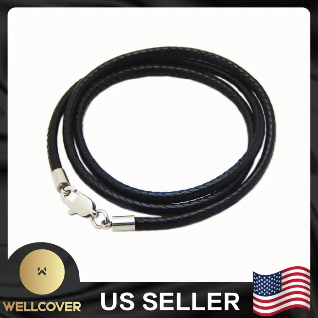 Black Woven Necklace Rope Leather Cord Stainless Steel Men Women Lobster Clasp