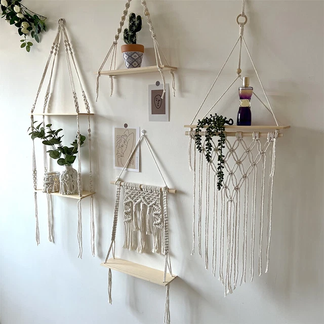 1/2 Tier Boho Floating Wall Hanging Wooden Shelf Macrame Rope Woven Tassel Decor