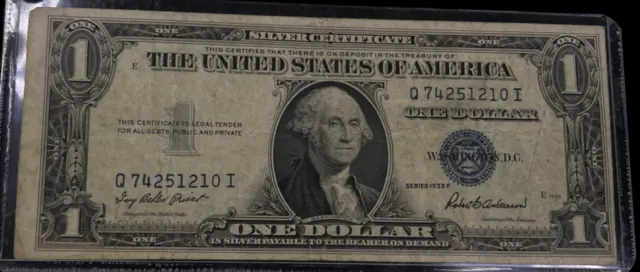 Series 1935 F Blue Seal $1.00 One Dollar Silver Certificate Note Q74251210I