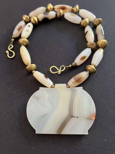 Vintage banded Agate Tibetan gemstone pendant w/Old Agate Beads Vintage Necklace