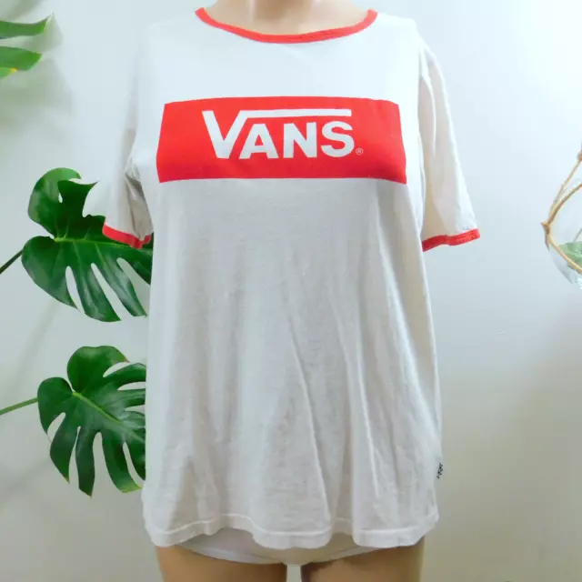 VANS Tshirt White Red Logo & Trim 100% Cotton Short Sleeve Crew Neck Top Women L