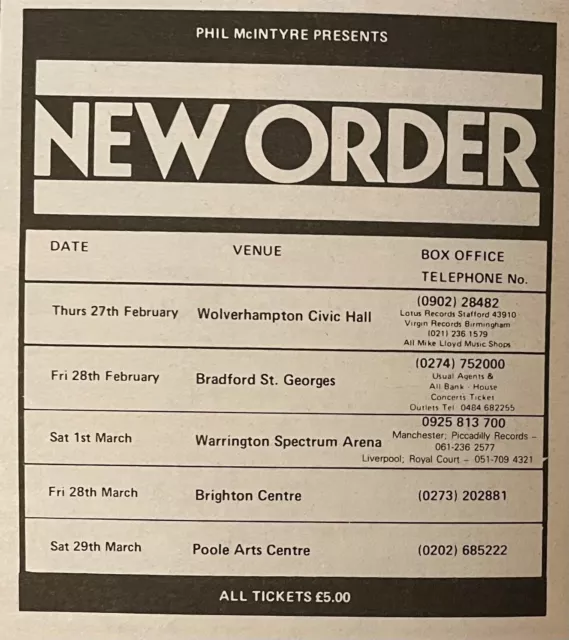 New Order - Gig Adver5 - Uk Tour 1986 - Bradford - Poole - Brighton - Warrington