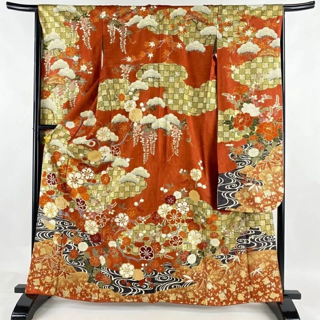 Woman Japanese Kimono Furisode Silk Pine PlumBlossom Gold Silver Foil Vermilion