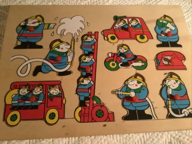 Vintage 1970's Wooden Jigsaw Puzzle W pegs Firefighter Firemen 10 PCs Used