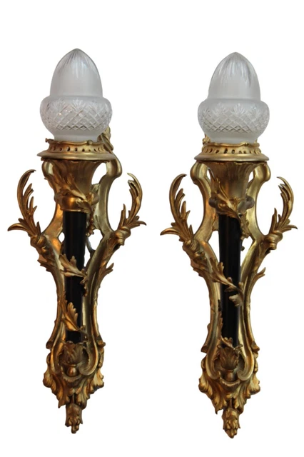 Antique French Pair of Gilt Bronze Wall Sconces Glass Shades Rococo Style 20th C