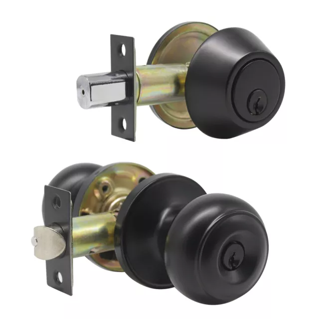Black Front Entry Door Handle Lock Set Knobs Single Deadbolt Keyed Alike