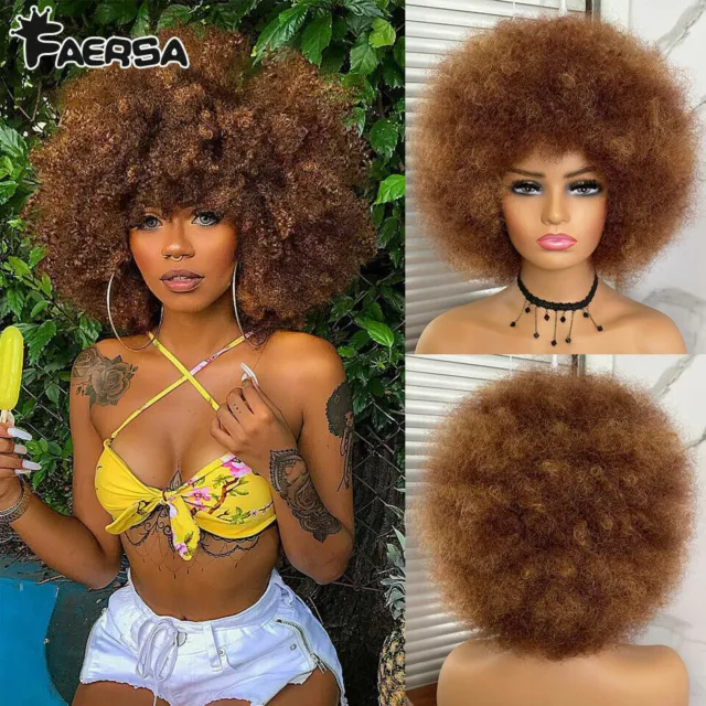 Short Hair Afro Kinky Curly Wigs With Bangs Synthetic Ombre Glueless Cosplay Wig