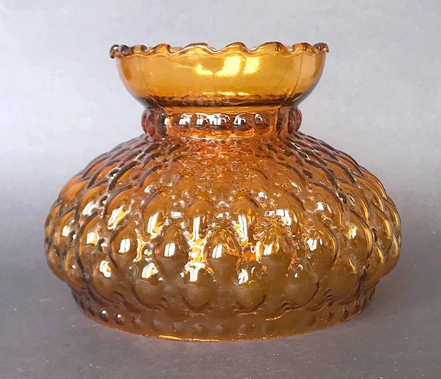 Vintage Fenton Lamp Shade Amber Glass Ruffled Quilted Diamond Dots Fitter