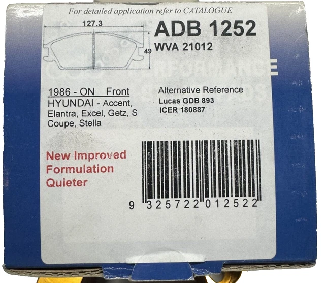 ADB FRONT BRAKE PAD ADB1252 for HYUNDAI 1986-on ACCENT ELANTRA EXCEL ...