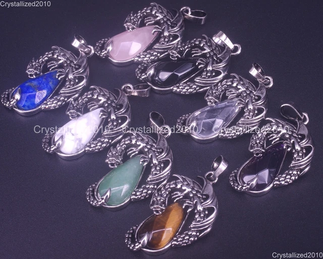 Natural Gemstone Teardrop Nidhogg Dragons Pendant Necklace Beads Tibetan Silver