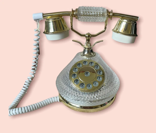 Vtg 1980s  Hollywood Regency Dial Glam Dynasty Style Crystal Cut Glass Telephone