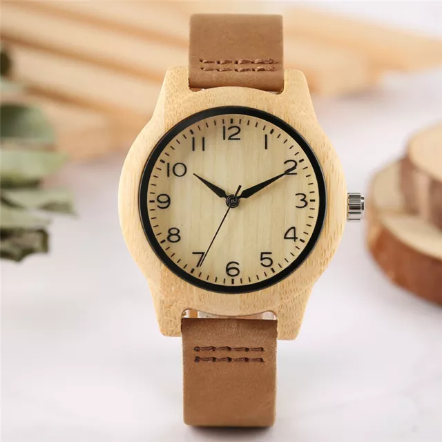 Simple Casual Nature Wood Bamboo Quartz Wrist Watch for Women Lady Student Gift