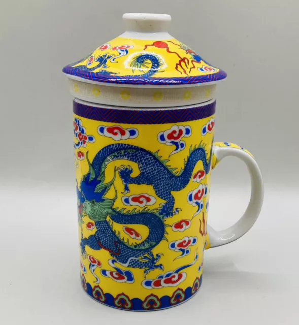 Chinese Dragon Ceramic Tea Mug Cup With Infuser and Lid 3 Piece Yellow Blue