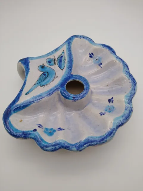 Tonala Mexican Folk Art Pottery Bluebird Candle Holder Fan Shell Shaped W/Handle