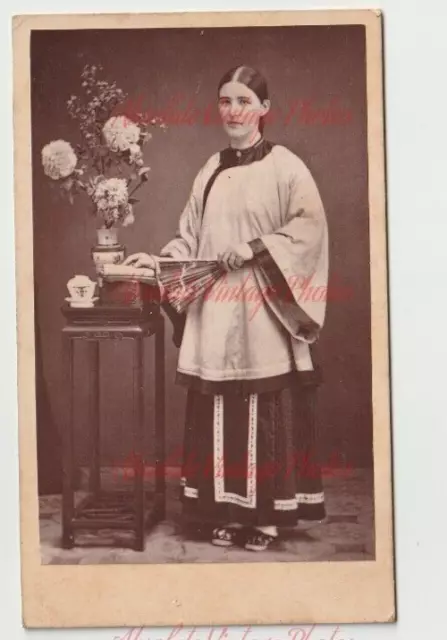 Old Cdv Photo Lady Wearing Chinese Style Oriental Attire Vintage Fashion C.1880