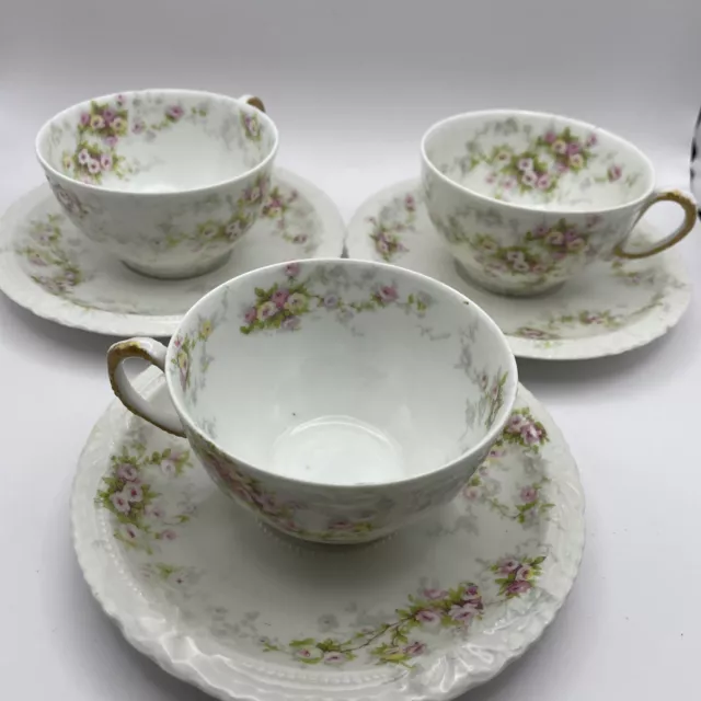 3 LIMOGES Coffee Tea Cups w Saucers Theodore Haviland Pink & Yellow Rose FLAWED!