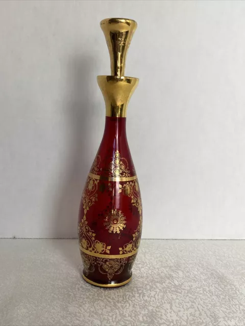 Antique Venetian Bohemian Italy Hand Painted Glass Decanter Ruby Red Gold Floral