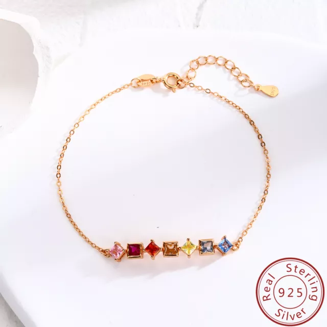 925 Sterling Silver 14K Gold Women Chain Bracelet Multi-colored AAA Zircon 7’’