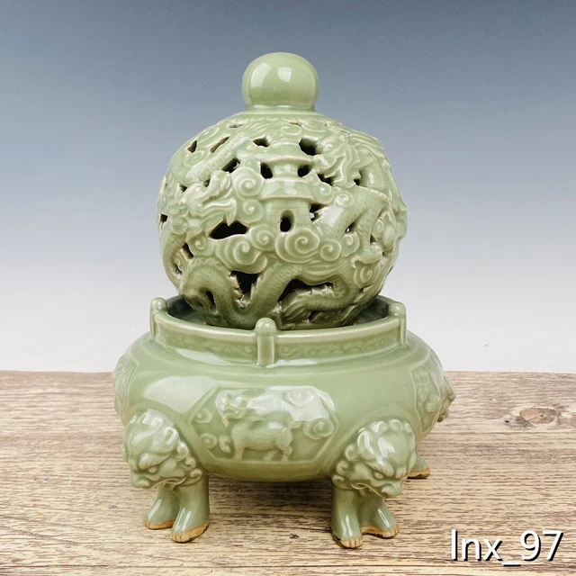 11.2" China Porcelain old Longquan Kiln mark Greenish glaze turn shipment Censer
