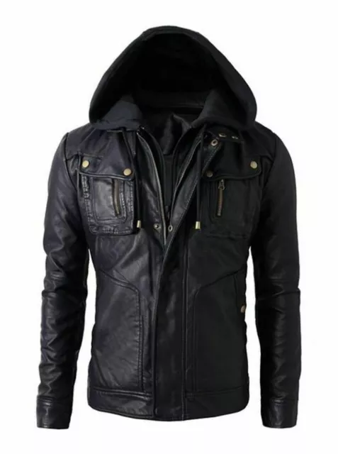 Mens Motorcycle Brando Style Biker Real Hooded Leather Hoodie Jacket - B8