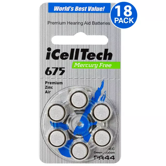 iCellTech Size 675 Hearing Aid Batteries PR44 Zinc Air 1.45V (18 Pack)