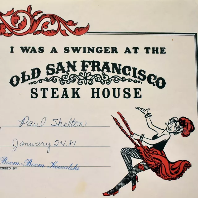 1981 Old San Francisco Steak House Restaurant Swinger Certificate Dallas Texas