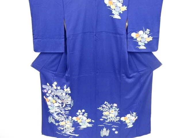 44554# Japanese Kimono / Antique Kimono / Embroidery / Stream  & Floral Plan