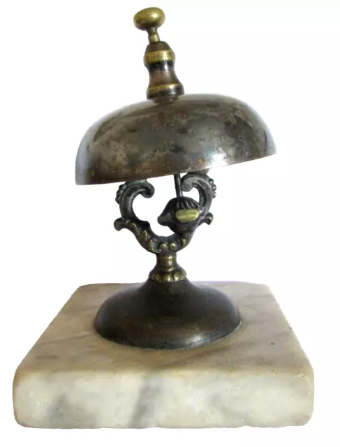 RING FOR SERVICE! Antique Victorian Front Desk HOTEL BRASS BELL Marble Base