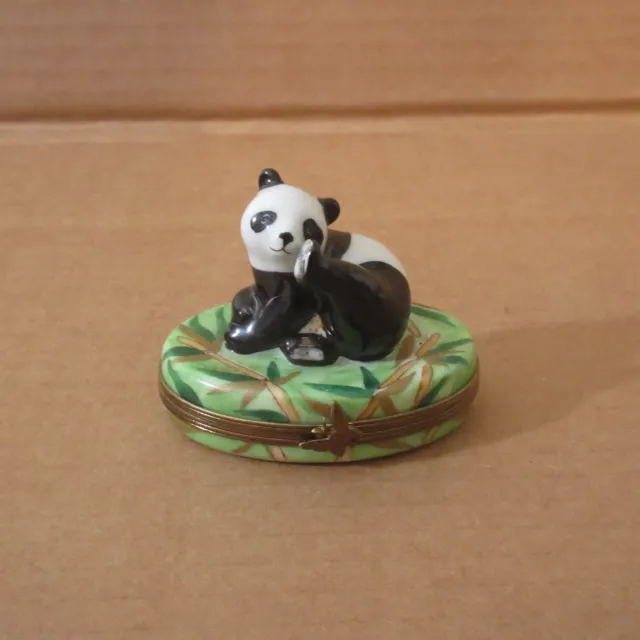 Vtg Limoges Peint Main France Trinket Box PPA Giant Panda Bear w/ Bamboo LE 750