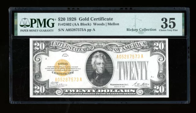 DBR 1928 $20 Gold Certificate Fr. 2402 PMG 35 Serial A05287573A