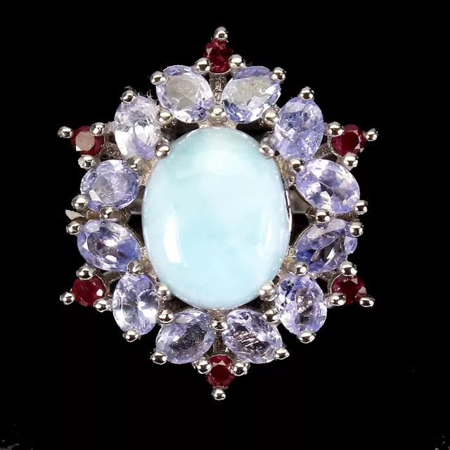 Non Chauffé Ovale Bleu Larimar 11x9mm Tanzanite Rhodolite 925 Bague en Argent