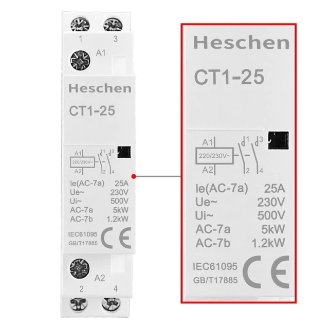 Heschen Haushalts-Wechselstromschütz HSR1-32 – 32A, 2-polig, 220-240V, Für DIN-Schiene, TÜV-geprüft