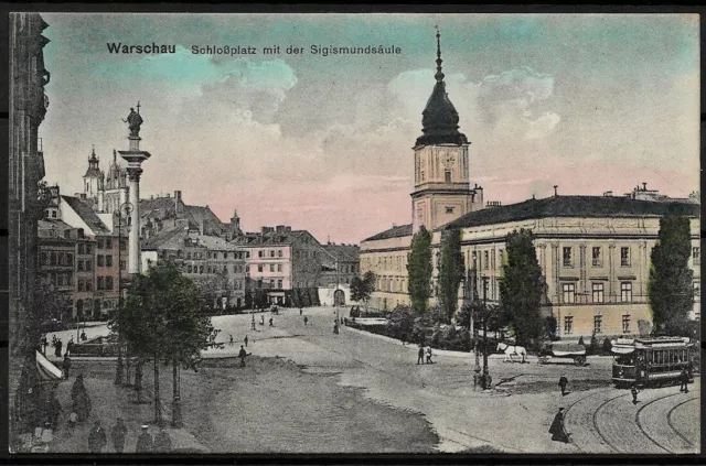 AK Warschau Warszawa - Schloßplatz Sigismundsäule Straßenbahn