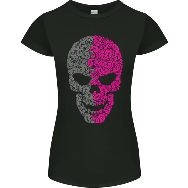 Pink and Grey Skull Pattern Gothic Biker Womens Petite Cut T-Shirt