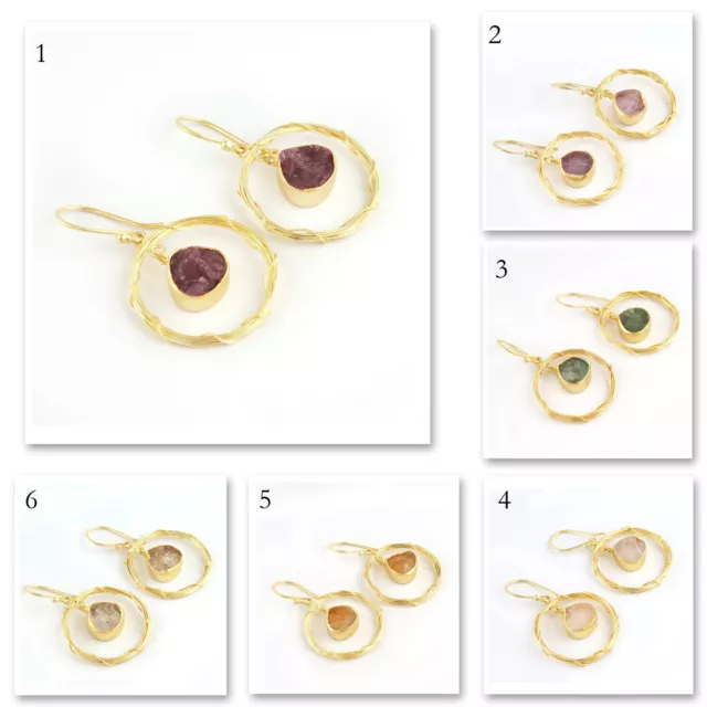 Raw Natural Gemstone Birthstone Gold Plated Drop Earrings Wire Wrapped Earrings